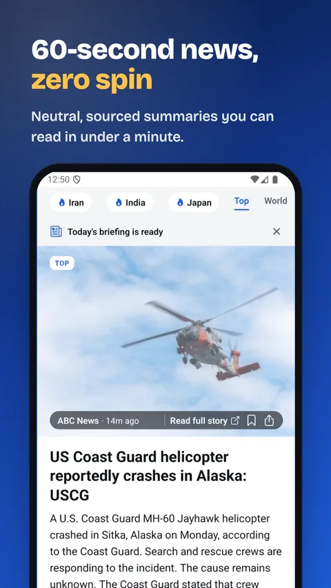 Gist app — a news story card with photo, headline and 60-word summary